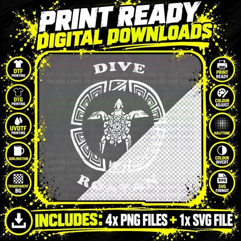 Dive Roatan Vintage Retro Tribal Turtle SCUBA Vacation Png SVG Digital Bundle