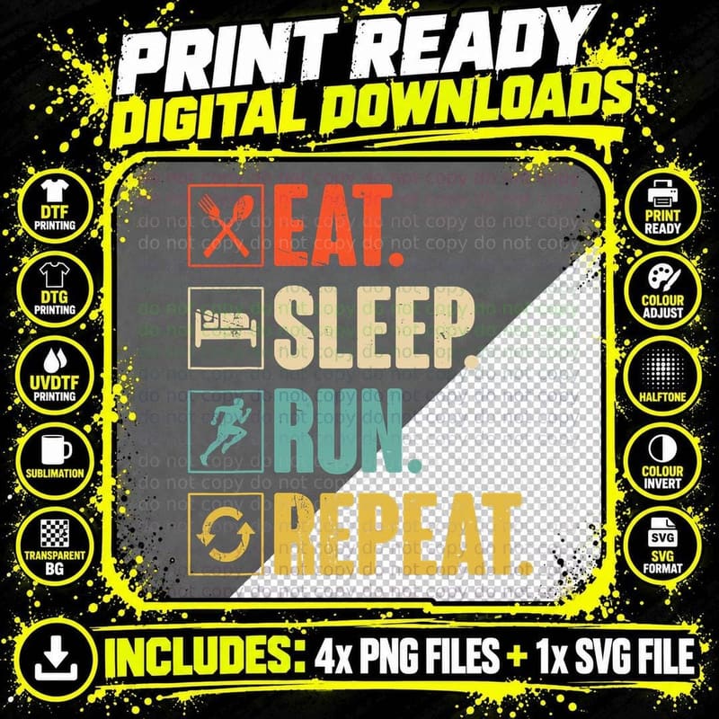 Eat Sleep Run Repeat Retro Vintage Running Runner Gift Png SVG Digital Bundle