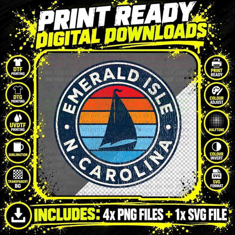 Emerald Isle North Carolina NC Vintage Sailboat Retro Png SVG Digital Bundle