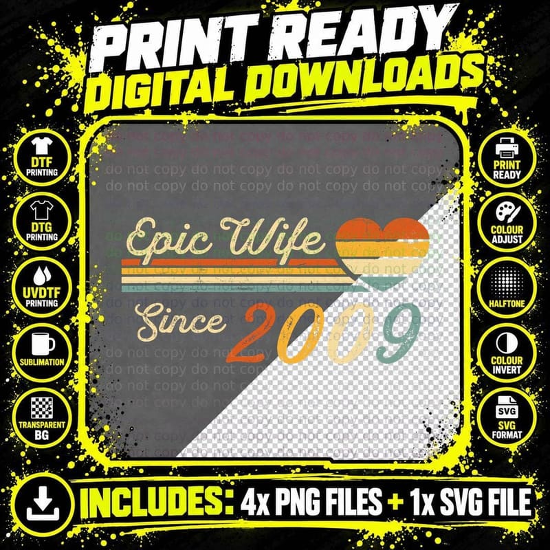 Epic Wife Since 2009 Vintage 14th Wedding Anniversary Png SVG Digital Bundle