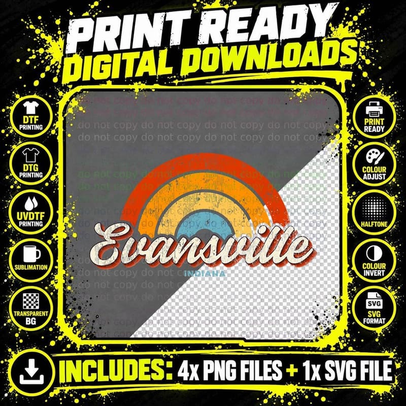 Evansville Indiana IN Vintage Rainbow Retro 70s T-Shirt Png SVG Digital Bundle
