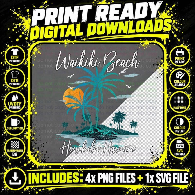 Family Vacation Retro Sunset Honolulu Hawaii Waikiki Png SVG Digital Bundle