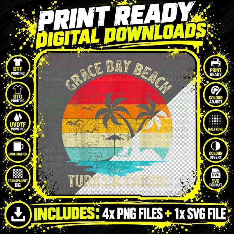 Family Vacation Vintage Turks and Caicos Grace Bay Beach Png SVG Digital Bundle