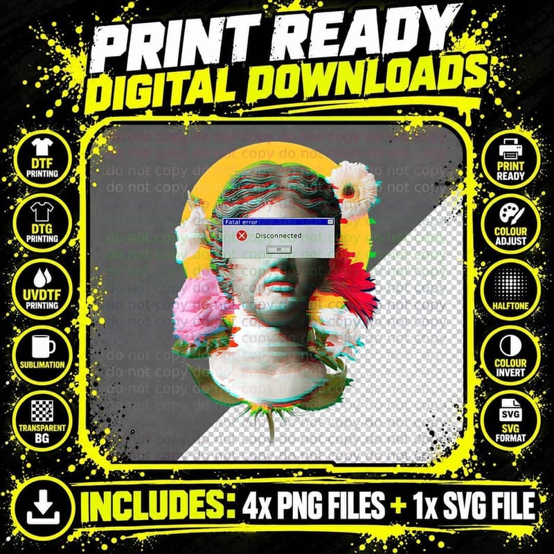 Fatal Error Disconnected Glitch Statue Vaporwave Retro Png SVG Digital Bundle