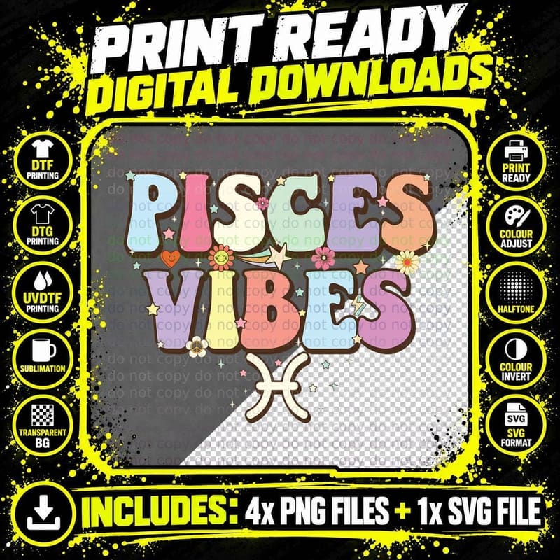February March Birthday Astrology Groovy Pisces Zodiac Png SVG Digital Bundle
