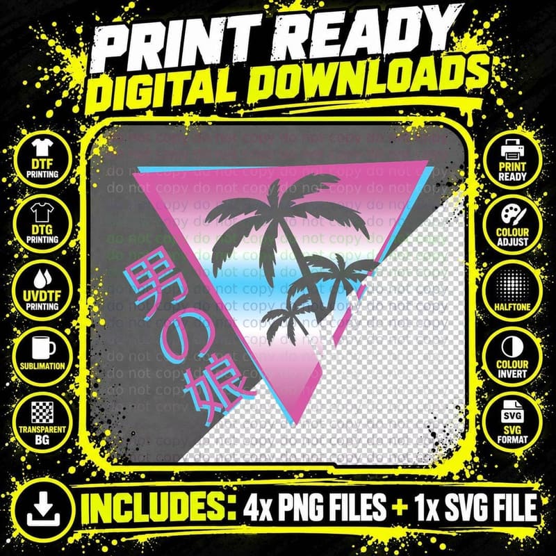 Femboy Retro 80s 90s Palm Tree Japanese Vaporwave Png SVG Digital Bundle