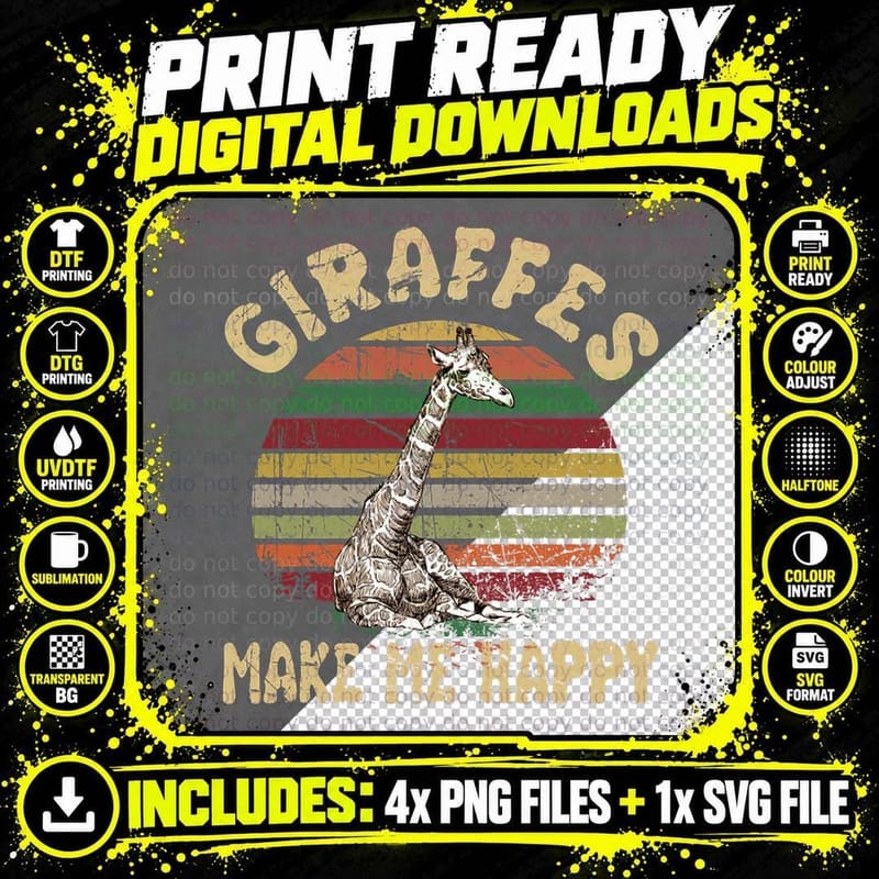 Giraffes Make Me Happy T-Shirt Retro Vintage Style Png SVG Digital Bundle