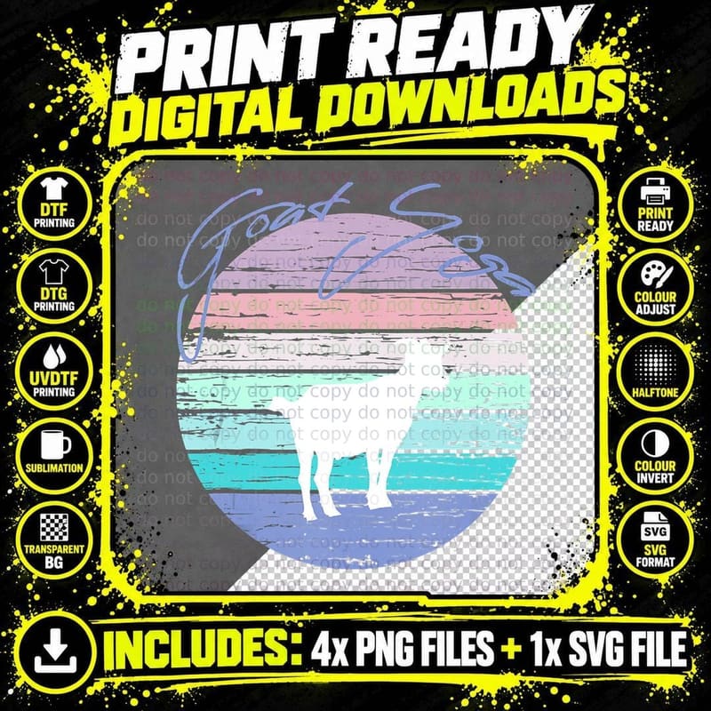 Goat Yoga Retro Sunset Silhouette (Pygmy Goat) Top Png SVG Digital Bundle