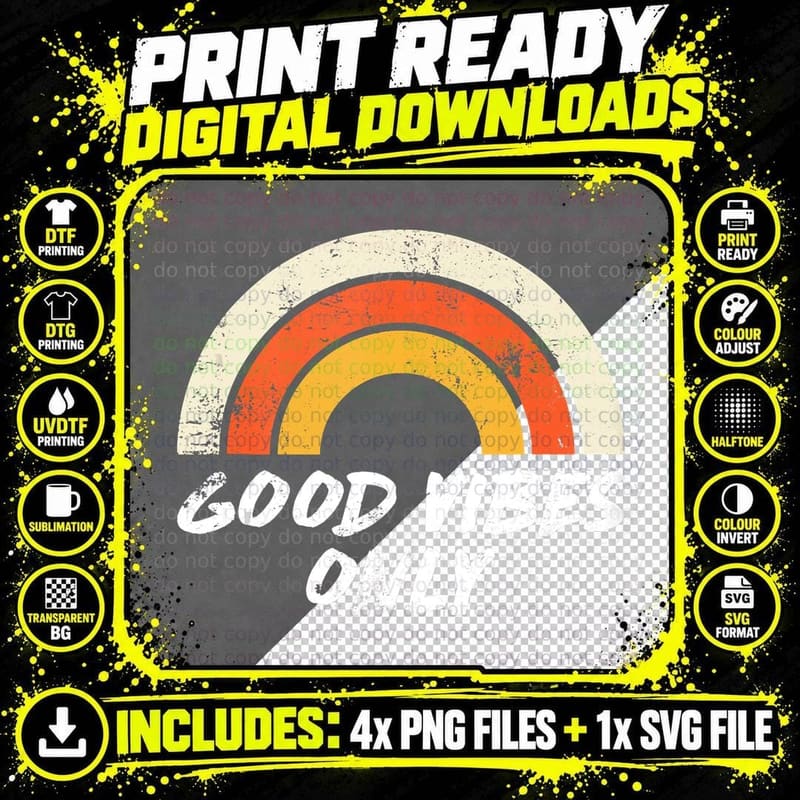 Good Vibes Only Retro Mens Vintage Rainbow Graphic Png SVG Digital Bundle