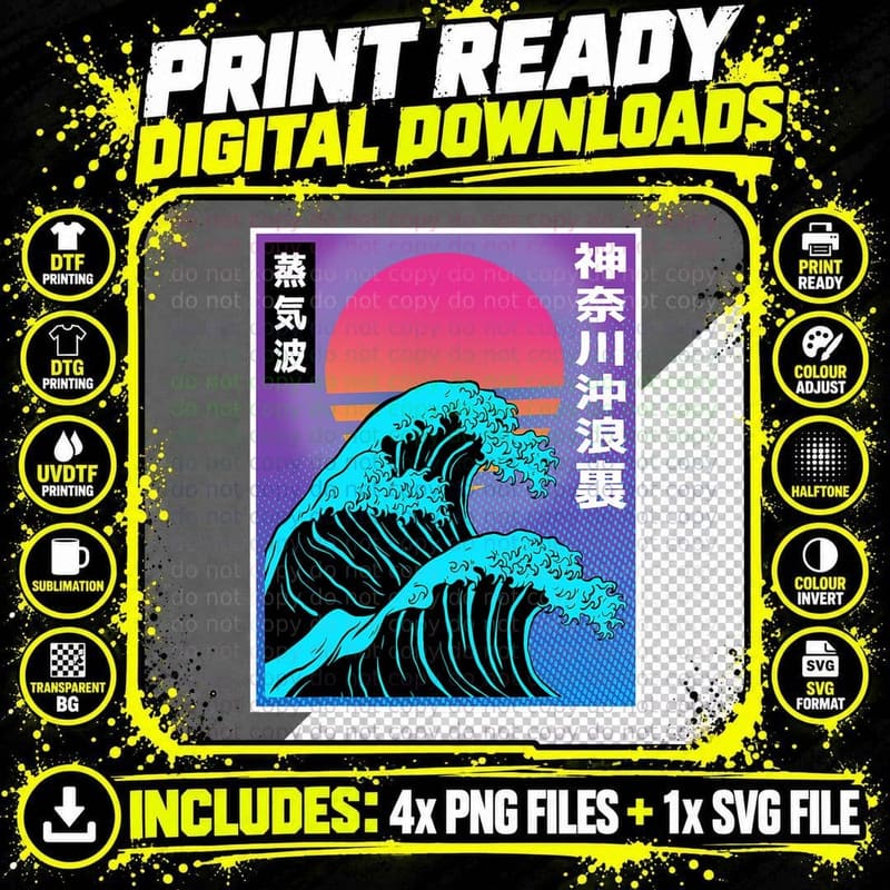 Great Wave Kanagawa Retro Japanese 90s Vaporwave Png SVG Digital Bundle