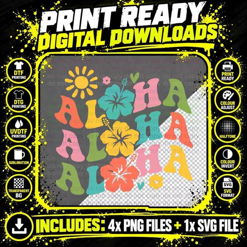 Groovy Aloha Hibiscus Hawaii Beach Summer Vacation Png SVG Digital Bundle