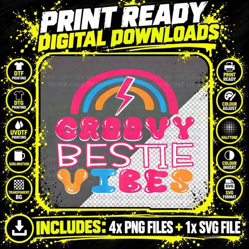 Groovy Bestie Vibes Retro Rainbow Best Friends Png SVG Digital Bundle