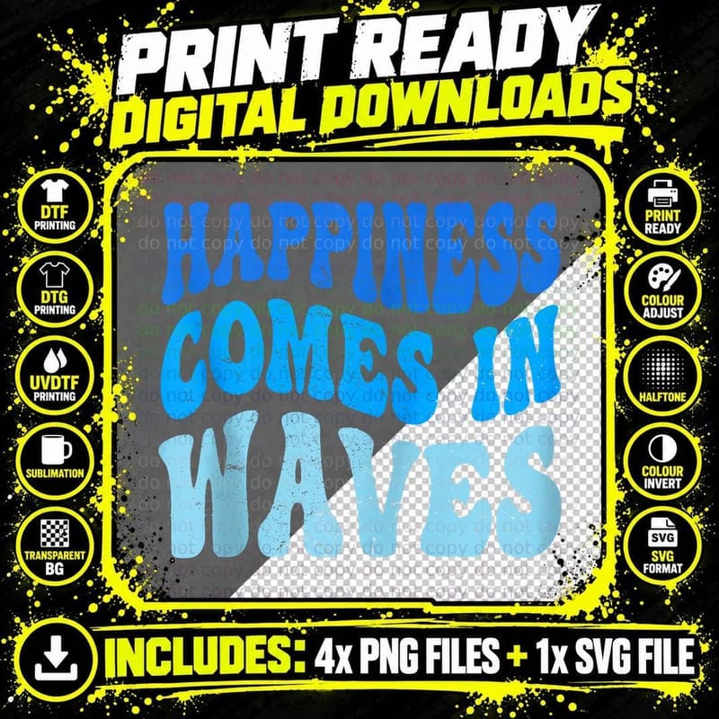 Groovy Happiness Comes in Waves Inspirational Png SVG Digital Bundle