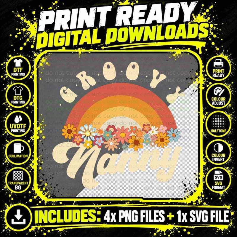 Groovy Nanny Retro Rainbow Colorful Flowers Design Png SVG Digital Bundle