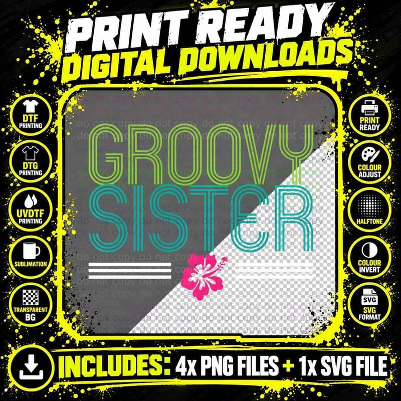 Groovy Sister 1960s Style Hoodie, Vintage Look Png SVG Digital Bundle