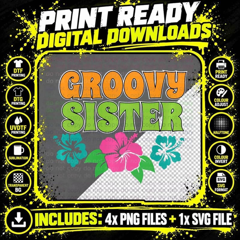 Groovy Sister 1960s Style T-Shirt Png SVG Digital Bundle