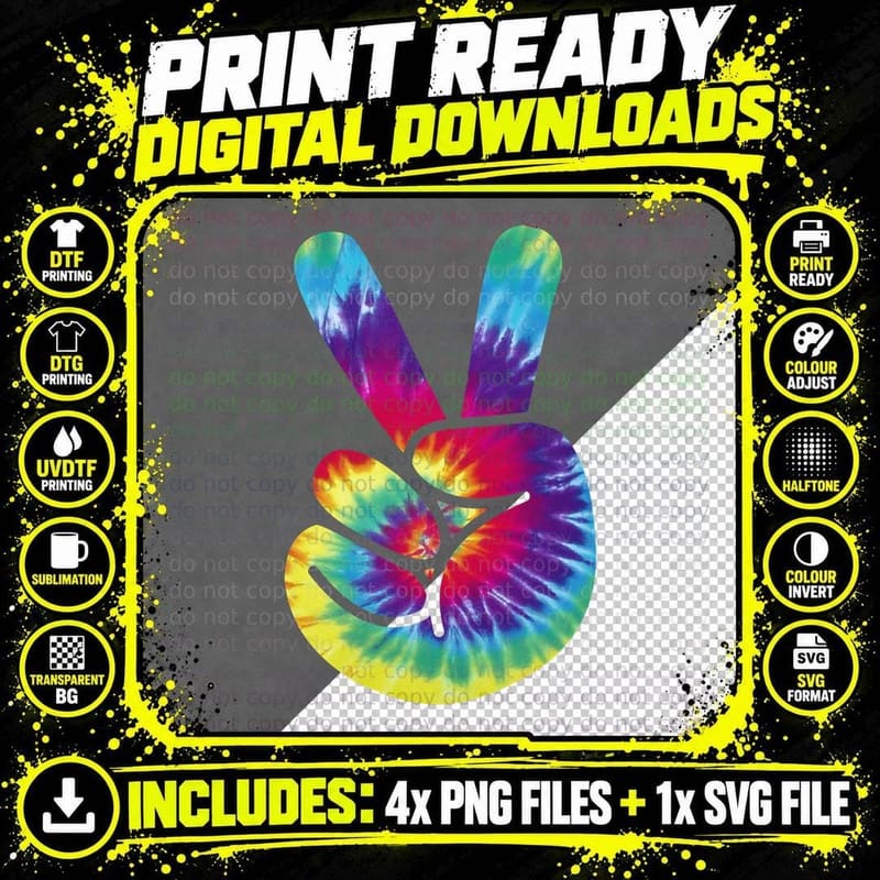 Groovy Two Finger Peace Sign Tie Dye Hoodie Png SVG Digital Bundle