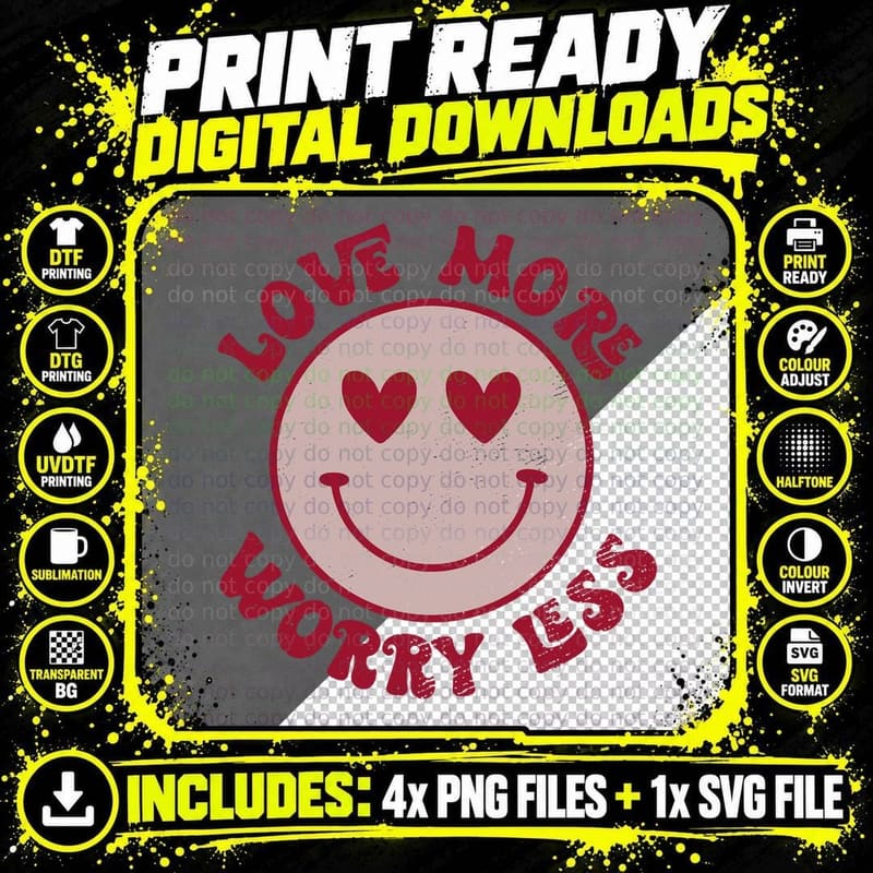Groovy Valentines Day Love More Worry Less Hippie Smile Png SVG Digital Bundle