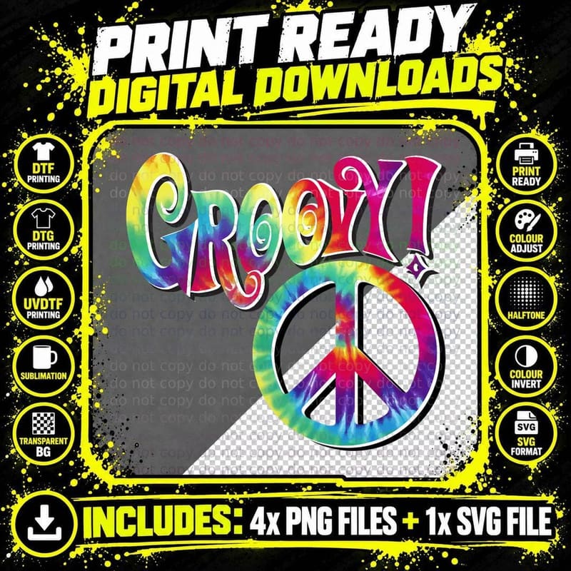 Groovy Vintage Psychedelic Tie Dye Hippie Peace Sign Png SVG Digital Bundle