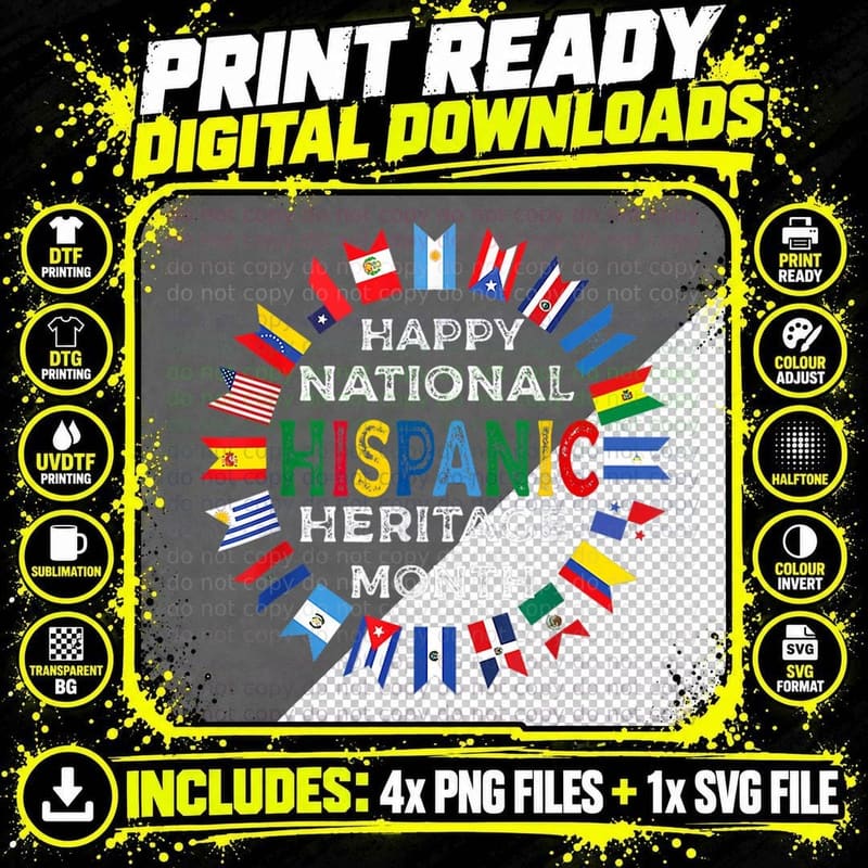 Happy National Hispanic Heritage Month Distressed Flags Png SVG Digital Bundle