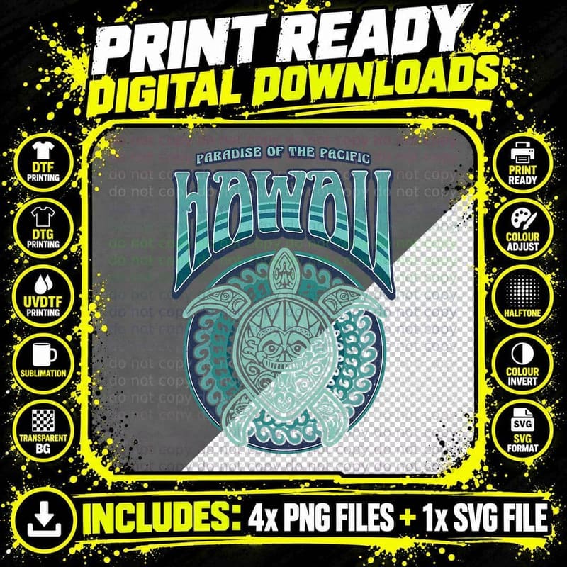 Hawaiian Tee for Women, Men, Sea Turtles in Vintage Png SVG Digital Bundle