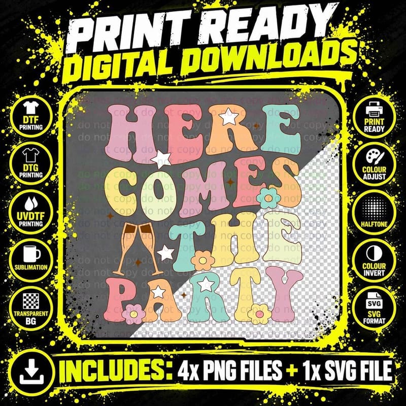 Here Come the Party Bride Retro Groovy Bachelorette Png SVG Digital Bundle