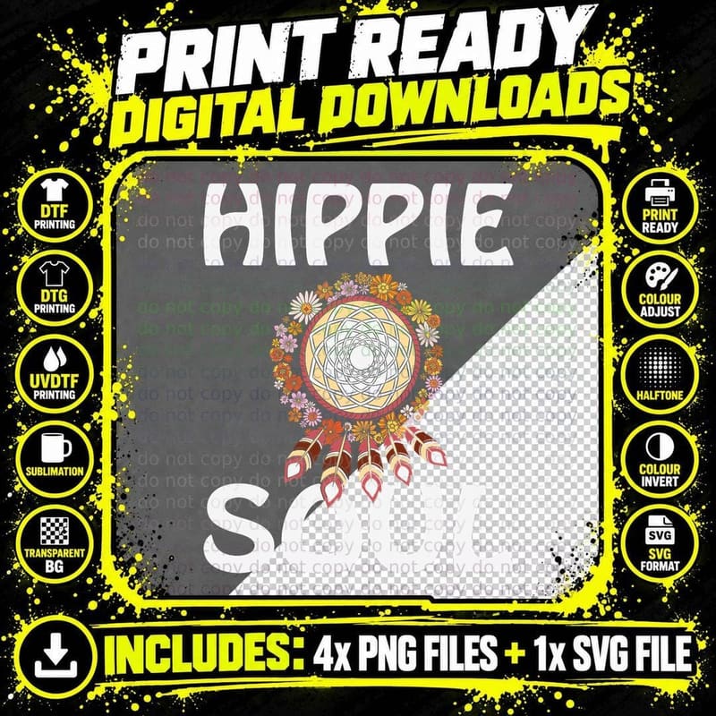 Hippie Soul Rainbow Flowers 60s 70s Vegan Hippie T-Shirt Png SVG Digital Bundle