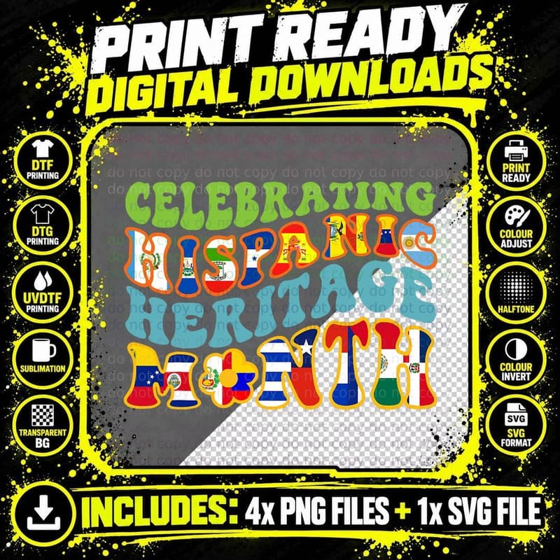 Hispanic Heritage Month Latino Countries Flags Groovy Png SVG Digital Bundle