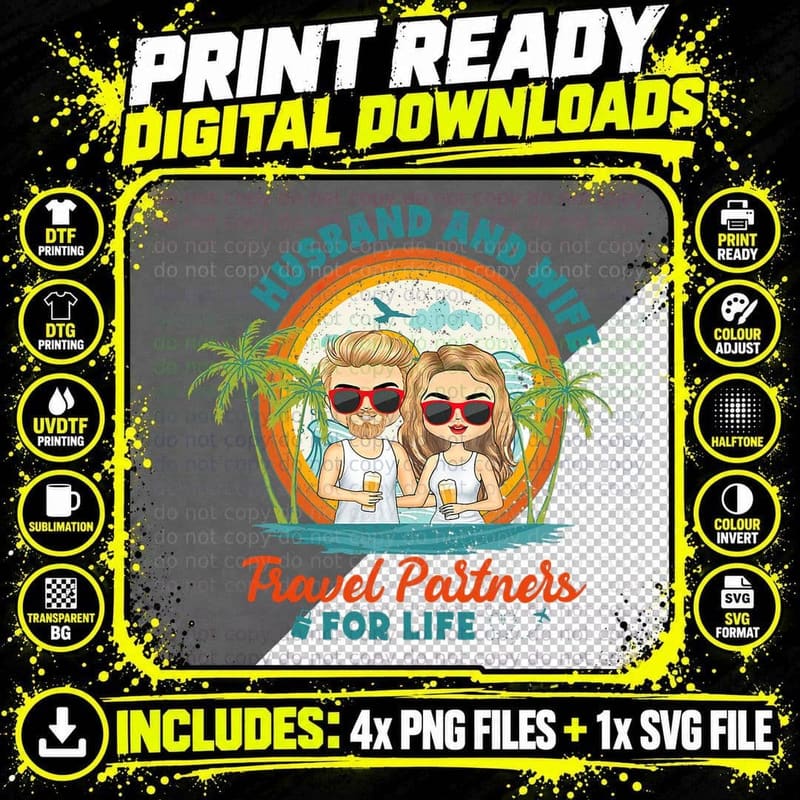 Husband and Wife Travel Partners for Life Retro Png SVG Digital Bundle