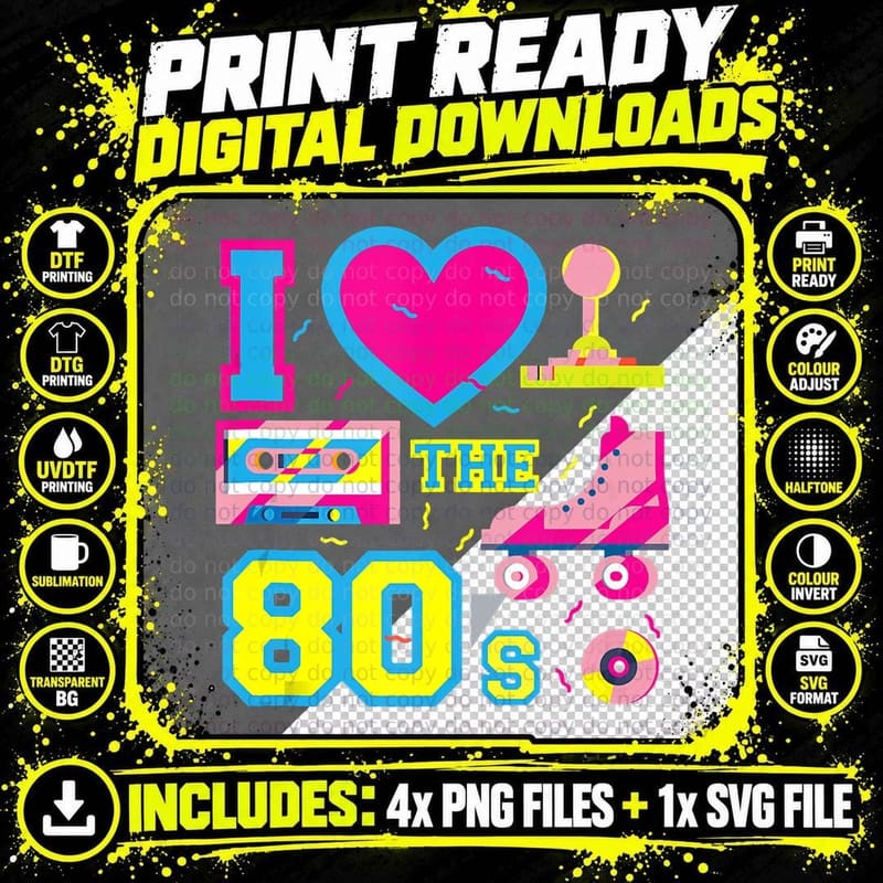 I Love Heart the 80's - Retro Vintage Vaporwave Colors Png SVG Digital Bundle
