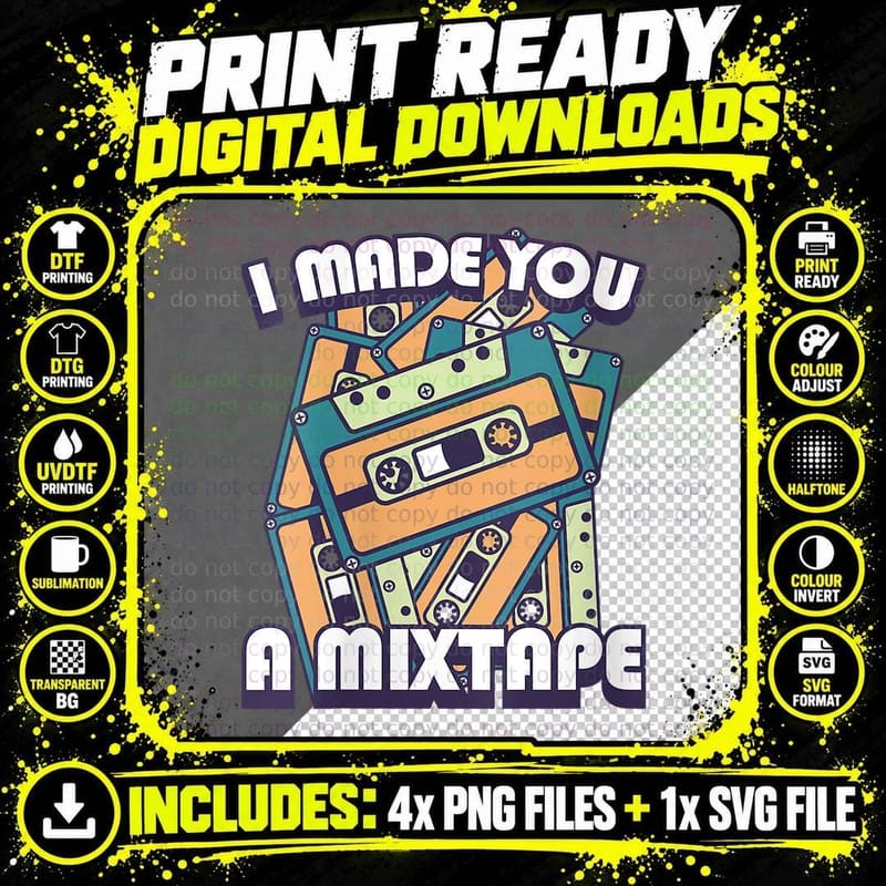 I Made You a Mixtape Cassette Tape Classic Music Disco Png SVG Digital Bundle