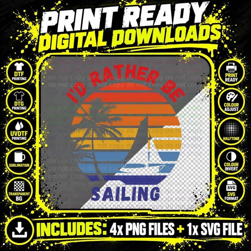 I'd Rather Be Sailing, Retro Sunset Design Sailboat Png SVG Digital Bundle