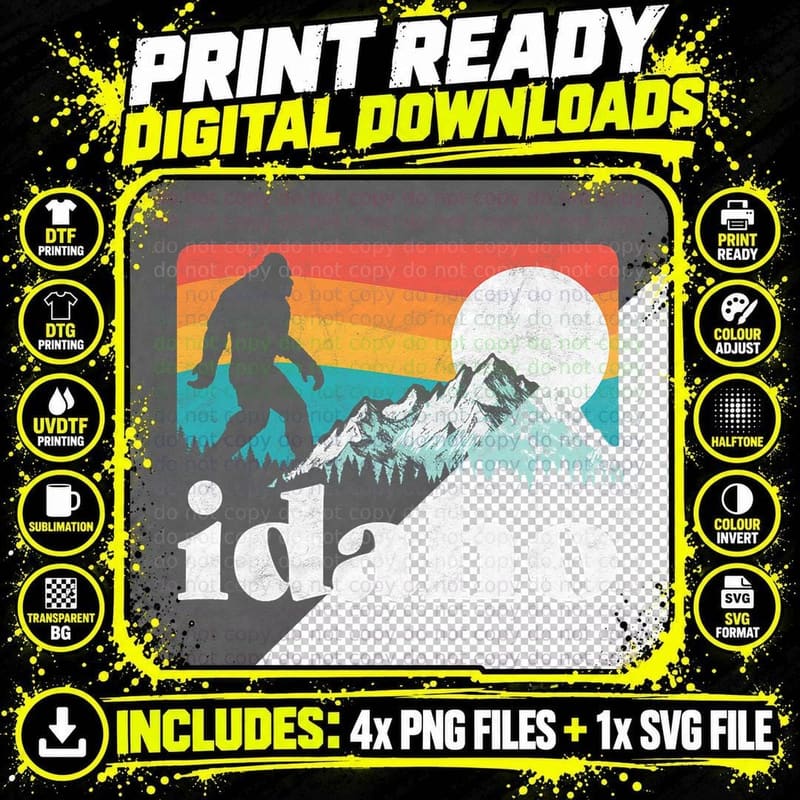 Idaho Bigfoot & Retro Mountains T-Shirt Png SVG Digital Bundle