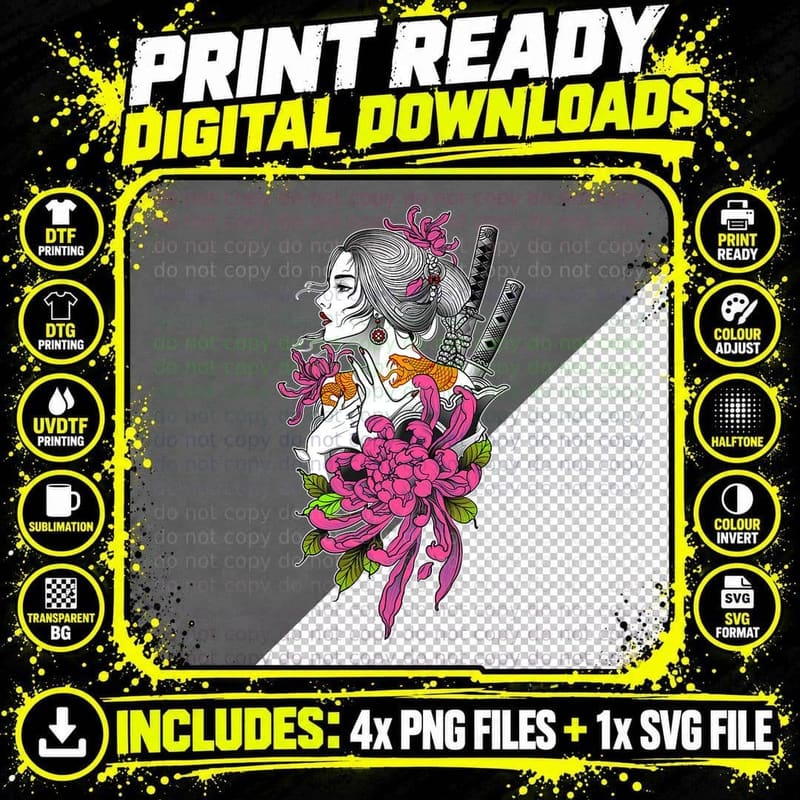Japan Samurai Geisha Vintage Sakura Blossom Cherry Png SVG Digital Bundle