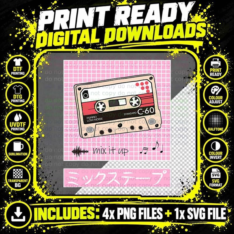 Japanese Aesthetic Vintage Cassette Tape 80s 90s Png SVG Digital Bundle