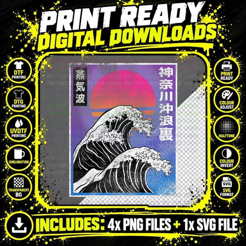 Japanese Vaporwave Aesthetic 90s Art Kanagawa Wave 80s Png SVG Digital Bundle