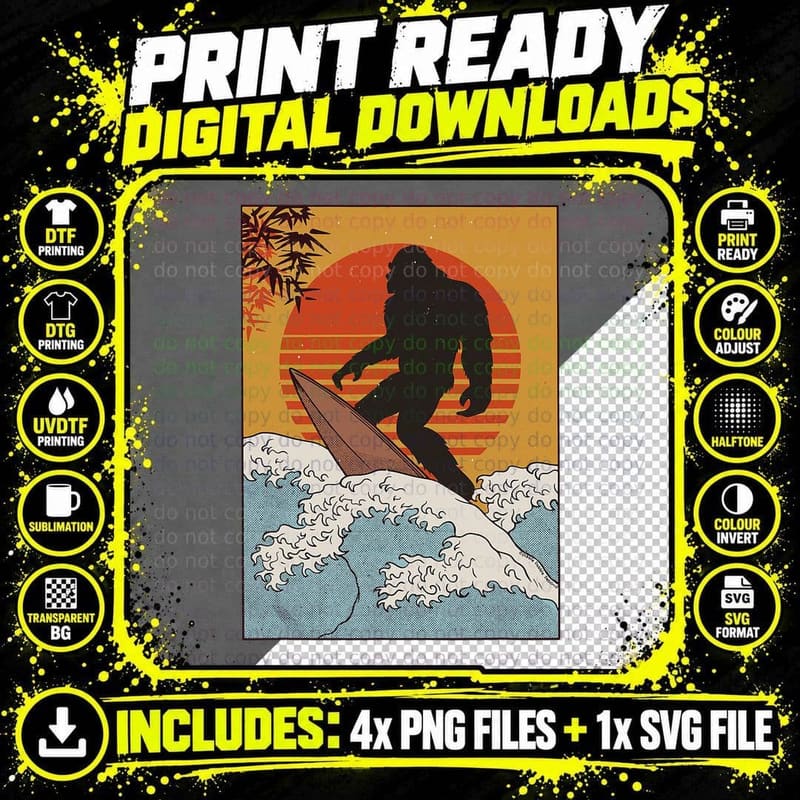 Japanese Vintage Kanagawa, Art - Surfing Bigfoot Hanging Png SVG Digital Bundle