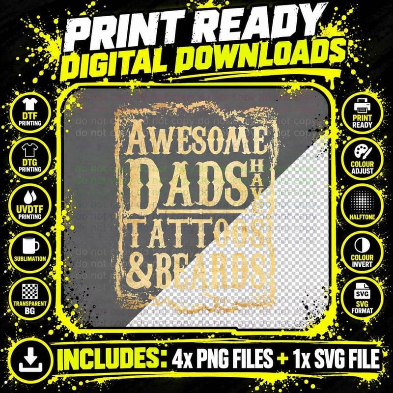 Mens Awesome Dads Have Tattoo and Beards Vintage Fathers Png SVG Digital Bundle