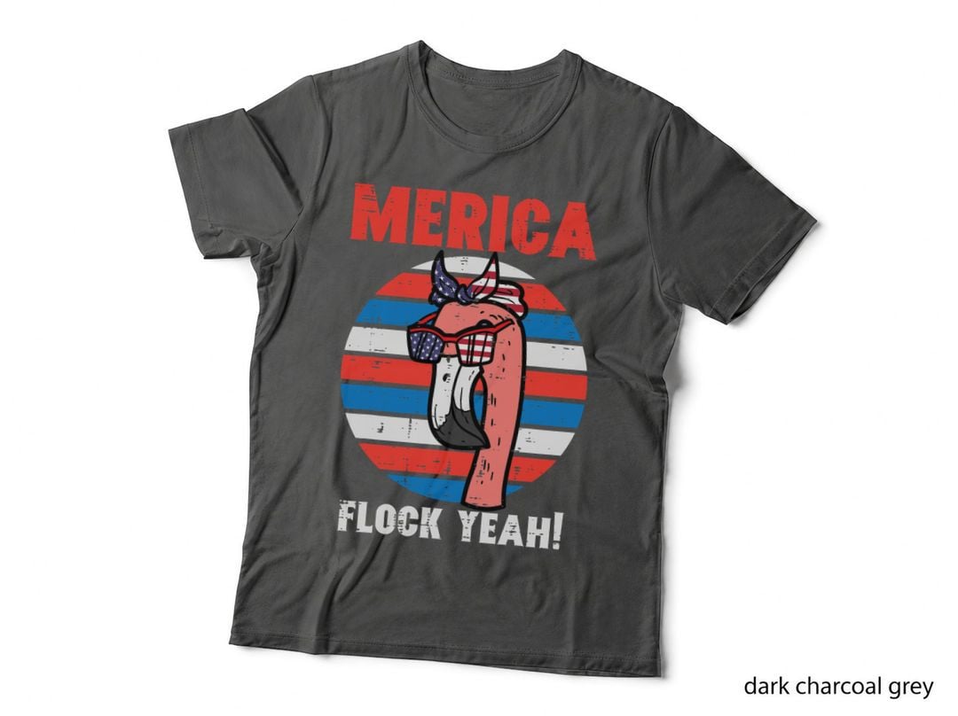 Merica Flock Yeah Flamingo US Flag Retro July 4th Patriotic T-Shirt