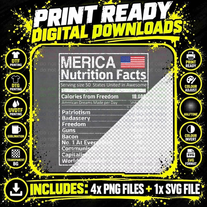 Merica Nutrition Facts Patriotic America Flag Vintage Png SVG Digital Bundle