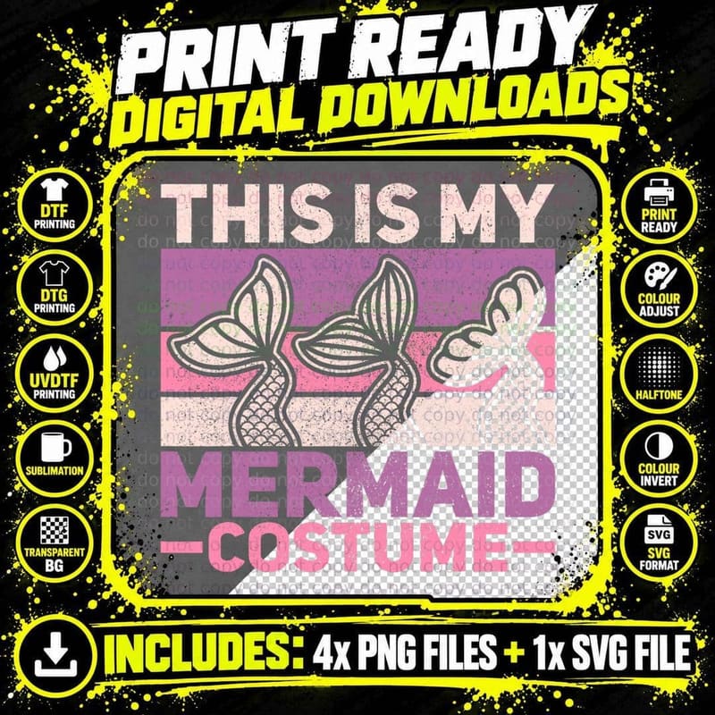 Mermaid Costume Retro Mermaid Outfit Women Girl Kids Png SVG Digital Bundle