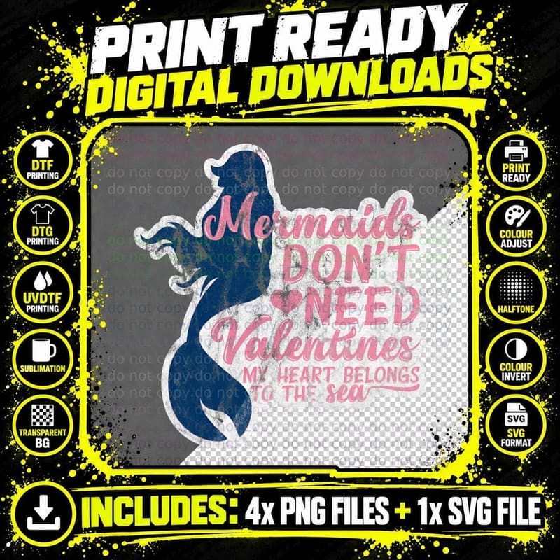 Mermaid Valentines for Girls and Women Png SVG Digital Bundle