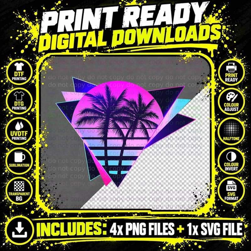 Miami Palm Tree Sunset Retro 80s Vaporwave Aesthetic Png SVG Digital Bundle