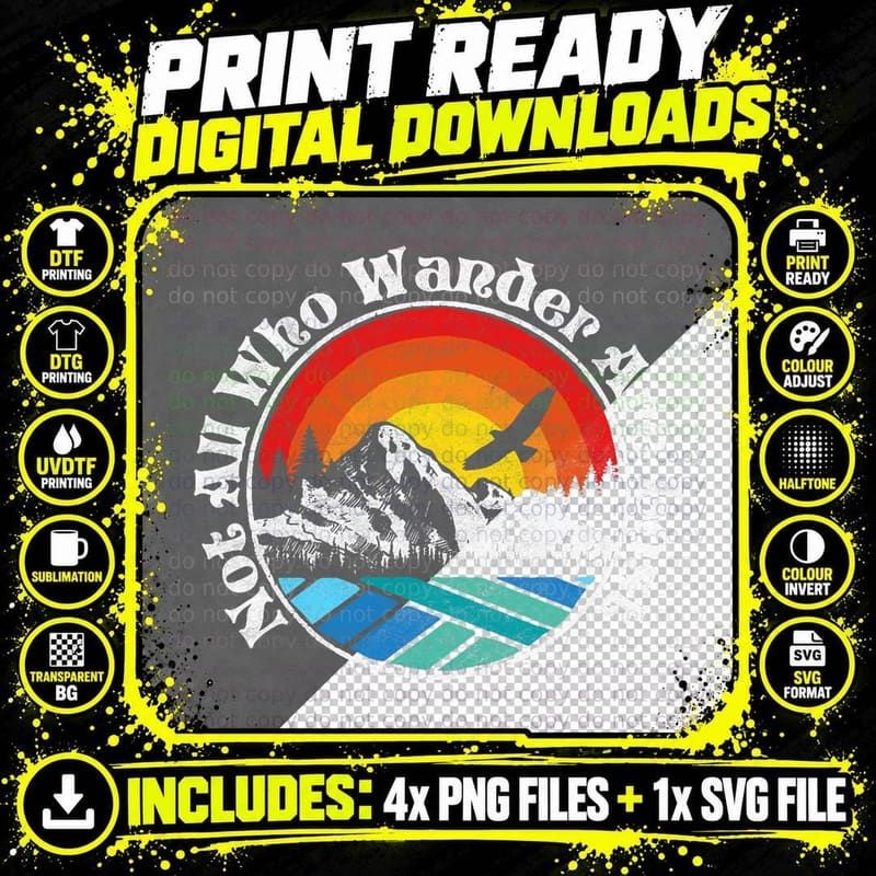 Not All Who Wander Are Lost Retro Mountains Nature Png SVG Digital Bundle