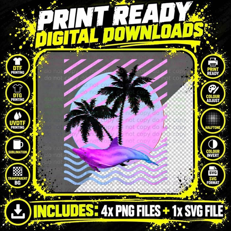 Palm Tree and Vaporwave Dolphin in Aesthetic 80s Glitch Png SVG Digital Bundle