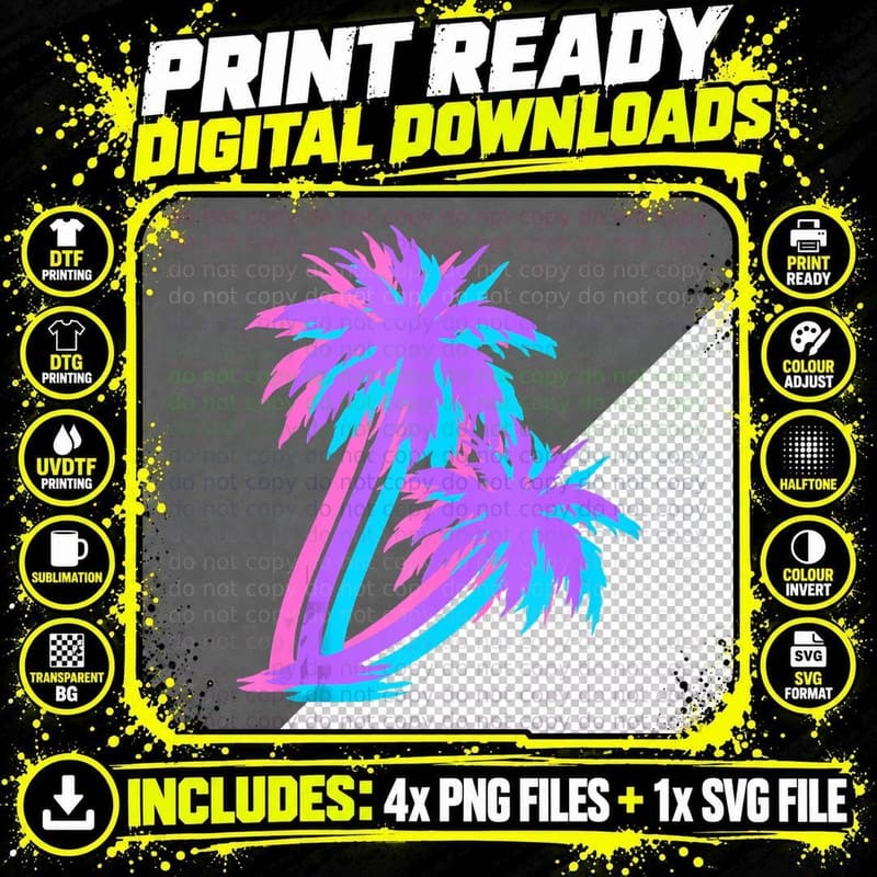 Palm Trees 90s Art Exotic Beach Vaporwave Tropical Png SVG Digital Bundle