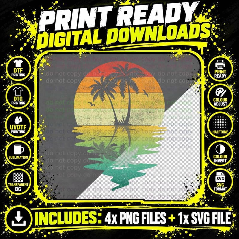 Palm Trees Silhouette Sunset Retro Vintage 70s Nature Png SVG Digital Bundle