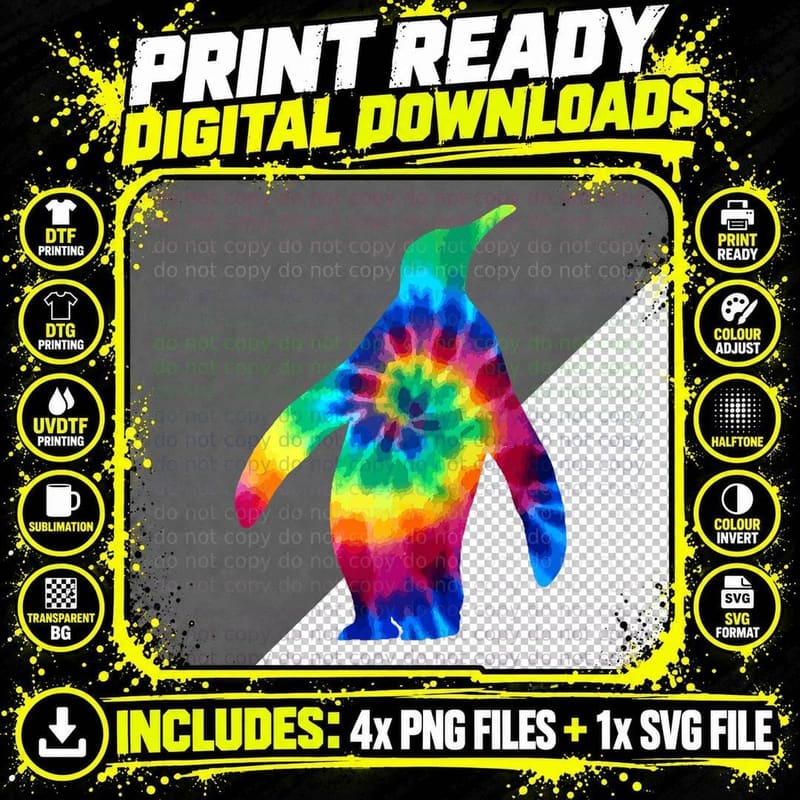 Penguin Tie Dye Vintage Hippie Penguin Lover T-Shirt Png SVG Digital Bundle