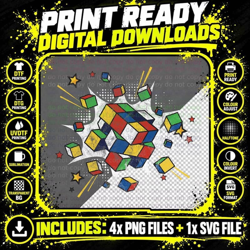 Puzzle Cube Exploding Speed Cubing 80's Youth Vintage Png SVG Digital Bundle