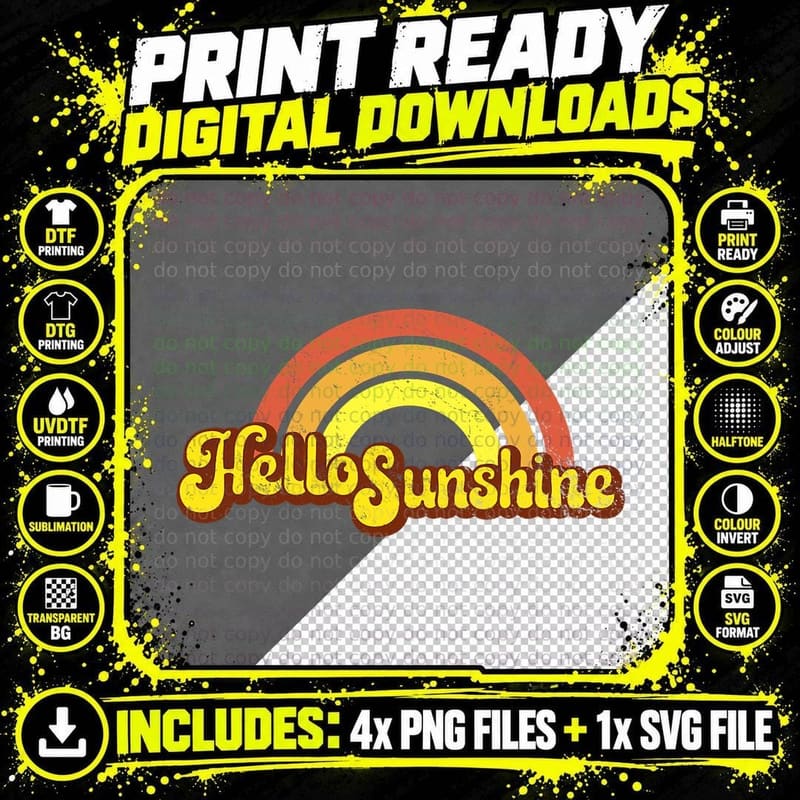 Rainbow Hello Sunshine - Retro, Hippy, Hippie T-Shirt Png SVG Digital Bundle